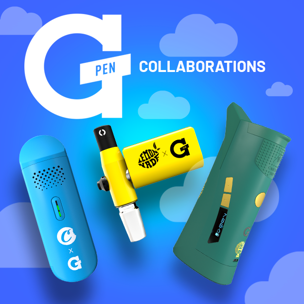 G Pen Collaborations blog header with floating Cookies x G Pen Dash, Lemonnade x G Pen Connect, and Dr. Greenthumb's x G Pen Roam