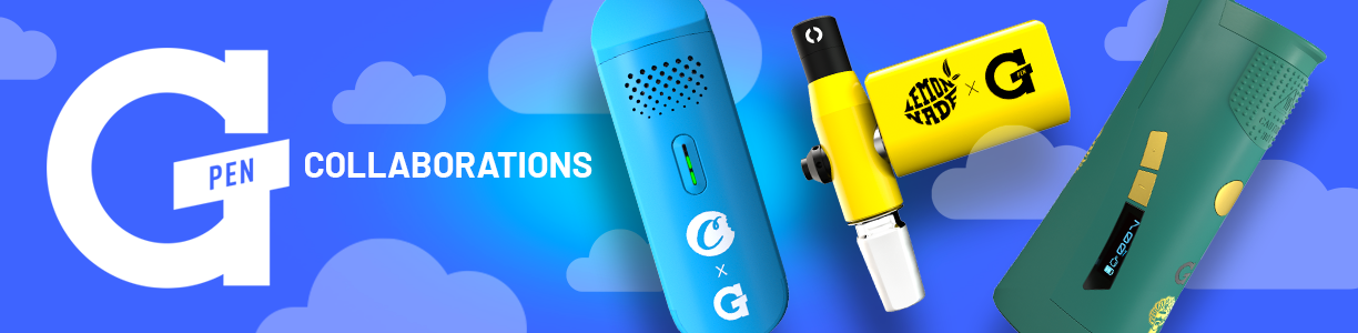 G Pen Collaborations blog header with floating Cookies x G Pen Dash, Lemonnade x G Pen Connect, and Dr. Greenthumb's x G Pen Roam