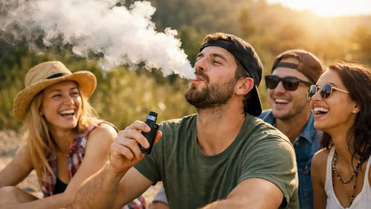 Friends outdoors with portable vaporizer having fun