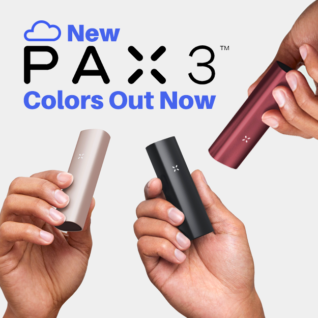 Pax 3 in burgundy, Pax 3 in sandblasted black, and a Pax 3 in matte black being held 