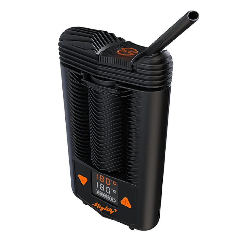 Black vape device with digital display on a white background