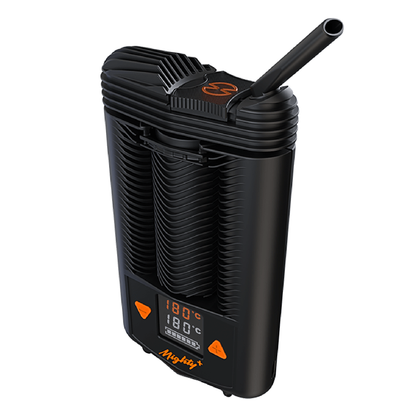 Black vape device with digital display on a white background