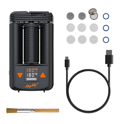Vaping device with accessories on a white background